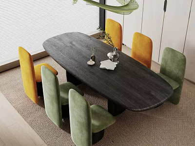 Black Oval Dining Table Set with Yellow and Green Chairs and Decorative Plants 3d model