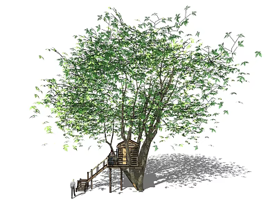 Charming Treehouse Tower Built On Tall Tree With Wooden Stairs And Green Leaves 3d model