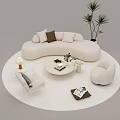 Modern Curved Sofa and Coffee Table Set with Throw Pillows Round Table Armchair and Plant