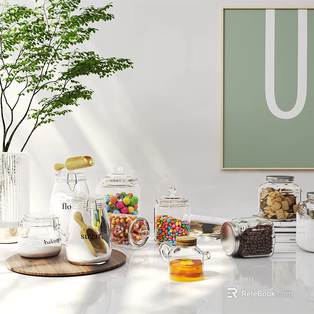 Stylish Ceramic Vessels On Kitchen Counter With Glass Jars Colorful Candies And Green Plants 3d model 