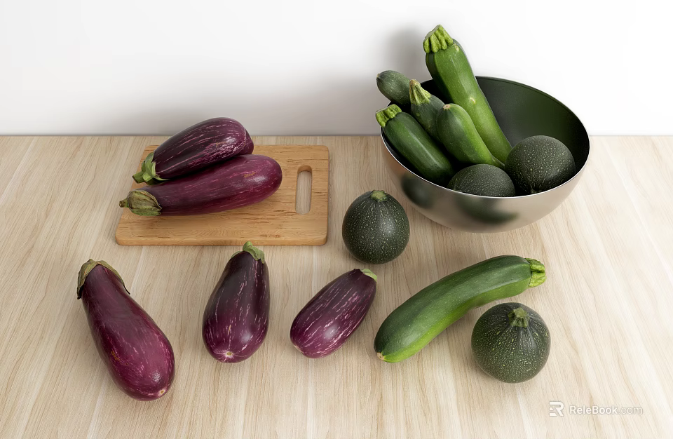 Assorted Vegetables With Eggplant Zucchini And Green Squash On Wooden Cutting Board And Metal Bowl 3d model 