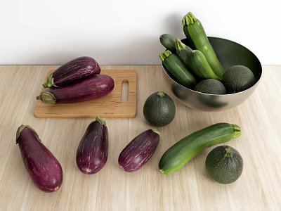 Assorted Vegetables With Eggplant Zucchini And Green Squash On Wooden Cutting Board And Metal Bowl 3d model