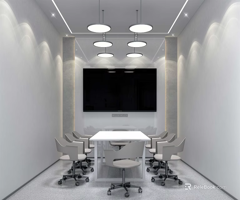 Modern Minimalist Conference Room Interior Design With Large Display Pendant Lights And Meeting Table Chairs 3d model 