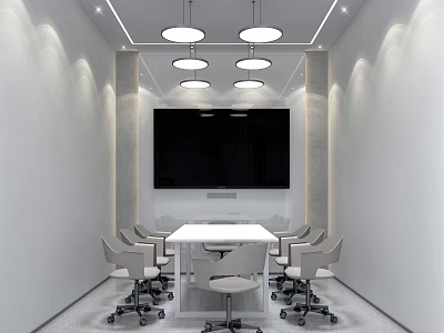 Modern Minimalist Conference Room Interior Design With Large Display Pendant Lights And Meeting Table Chairs 3d model