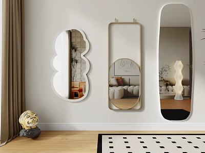 Different Shaped Wall Mirrors Reflecting Living Room Sofa Plant And Floor Lamp 3d model