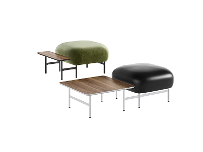 Modern Green Black Round Ottoman With Wooden Top And Metal Legs Design 3d model