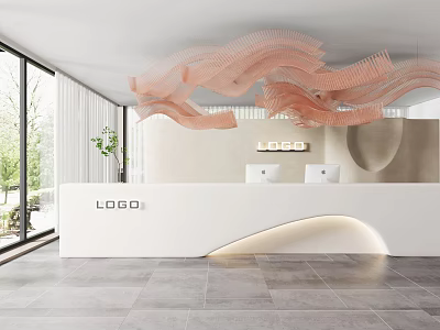 Modern Reception Desk Interior With White Counter Pink Wave Ceiling Decoration And Green Plant 3d model