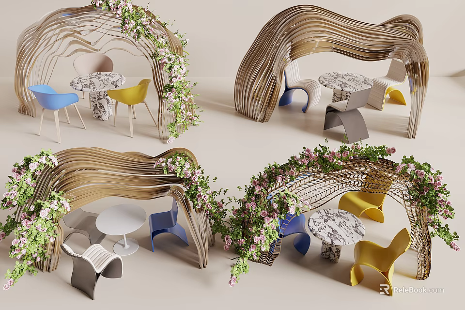 Arched Wooden Table and Chair Set with Floral Greenery and Yellow Blue Chairs 3d model 