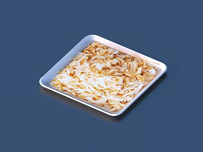 Golden Shredded Coconut in Square Aluminum Foil Tray on Blue Background 3d model