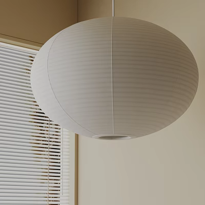White Spherical Chandelier With Striped Design Near White Blinds And Light Colored Wall 3d model