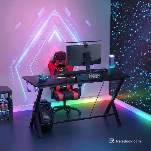 RGB Gaming Desk Setup With Red Chair Monitor Starry Wall And Neon Lights 3d model 