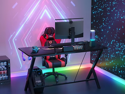 RGB Gaming Desk Setup With Red Chair Monitor Starry Wall And Neon Lights 3d model