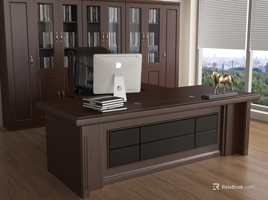 Dark Wooden Office Desk with Apple iMac Books Drawers Black Leather Chair and City View 3d model 