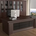 Dark Wooden Office Desk with Apple iMac Books Drawers Black Leather Chair and City View