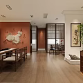 Traditional Chinese Style Display Hall Interior With Wooden Grid Shelves Central Counters And Green Plant