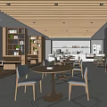 Modern Cafe Interior With Wooden Ceiling Bookshelves Round Tables And Green Plants