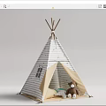 Striped Kids Teepee Tent With Beige Door Teddy Bear And Cushion Interior