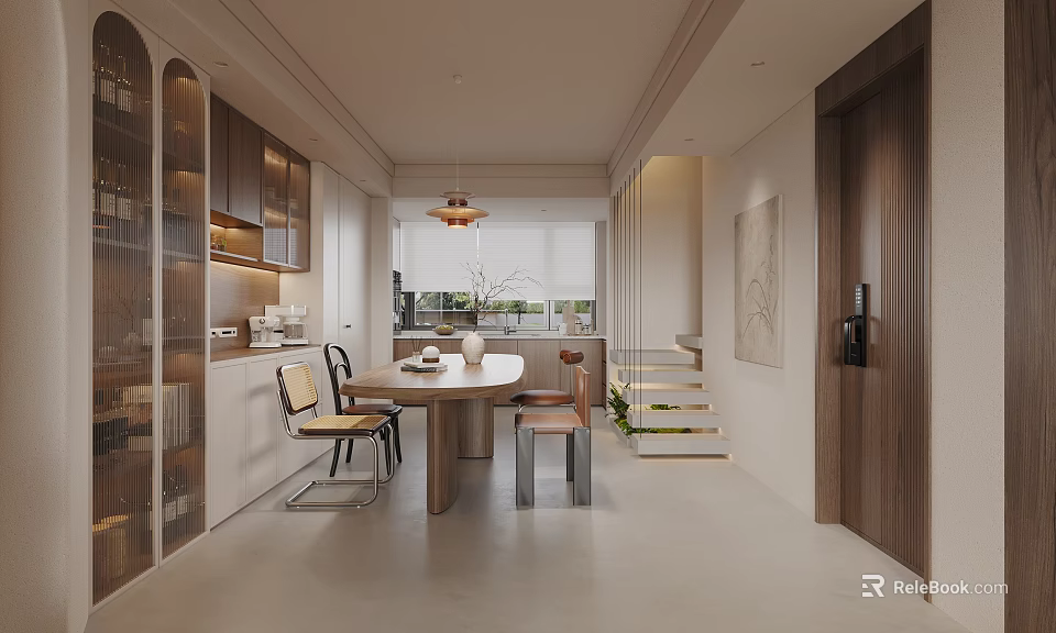 Modern Open Restaurant Interior With Dining Table Chairs Pendant Light And Cabinets 3d model