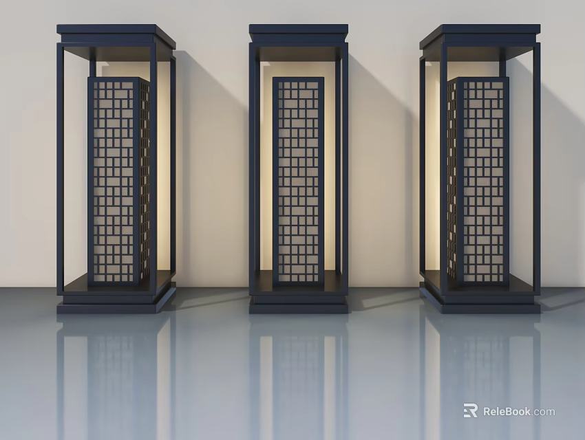 Three Modern Black Frame Hinged Doors With Grid Pattern For Interior Design 3d model