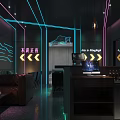 Modern Bar Interior With Dark Background Neon Lights Bar Counter Bottle Shelves And Tables Chairs