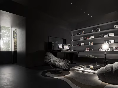 Dark Toned Modern Living Room Interior With Bookshelves Sofa Floor Lamp Area Rug And TV 3d model