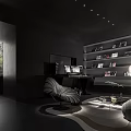 Dark Toned Modern Living Room Interior With Bookshelves Sofa Floor Lamp Area Rug And TV