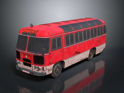 Vintage Red and White Bus with Weathered Body Roof Grilles and Side Windows 3d model