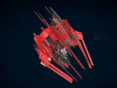 Red Mechanical Structure with Intricate Metallic Components and Geometric Shapes Against Dark Blue Background 3d model