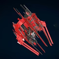 Red Mechanical Structure with Intricate Metallic Components and Geometric Shapes Against Dark Blue Background