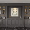 Elegant Black Wine Cabinet With Glass Doors Lighting Decorative Painting And Vase