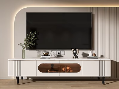 Modern Minimalist White TV Stand with Vase Figurines and Striped Background Wall 3d model