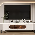 Modern Minimalist White TV Stand with Vase Figurines and Striped Background Wall