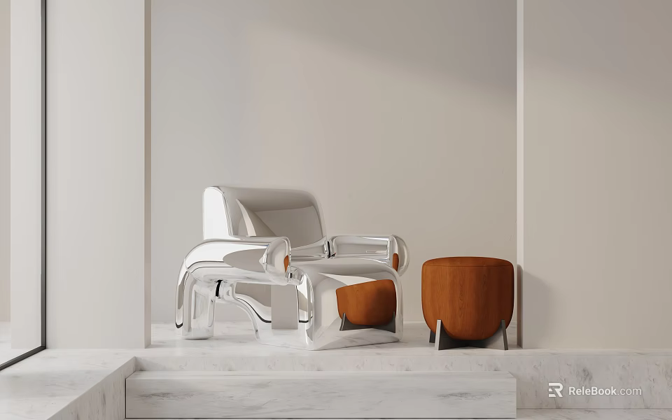 Modern Leisure Chair With Metallic Frame And Wooden Ottoman On Marble Steps 3d model 