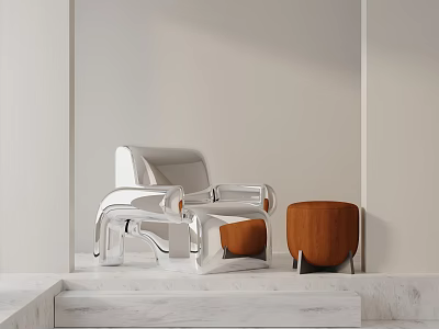 Modern Leisure Chair With Metallic Frame And Wooden Ottoman On Marble Steps 3d model