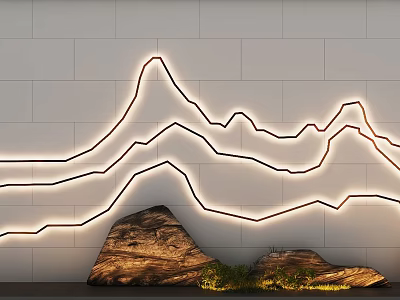 White Feature Wall With Mountain Outline LED Lights And Stones Plus Green Plants 3d model
