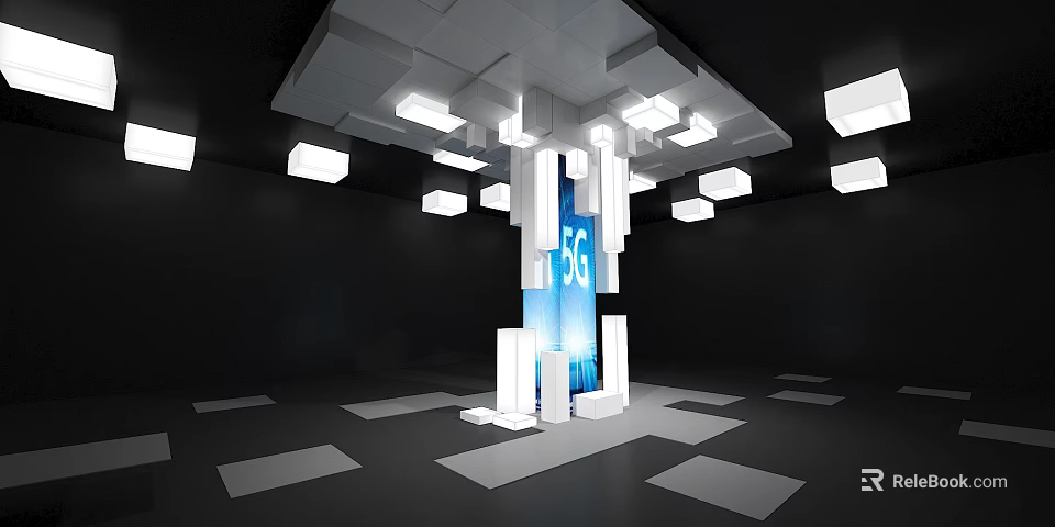 5G Technology Display With White Structural Design Illuminated Ceiling And Geometric Floor Patterns 3d model 