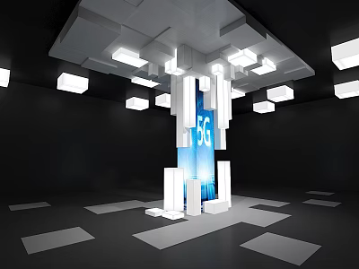 5G Technology Display With White Structural Design Illuminated Ceiling And Geometric Floor Patterns 3d model