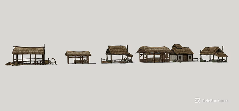 Various Traditional Thatched Roof Houses With Rustic Wooden Structures And Classic Rural Designs 3d model 