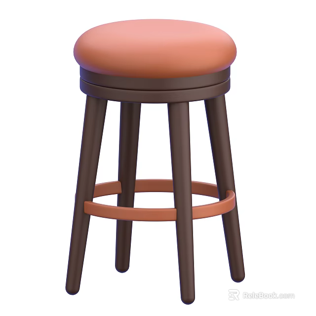 Orange Cushioned Modern Stool With Round Seat Brown Wooden Legs And Support Ring 3d model 