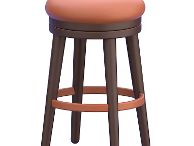 Orange Cushioned Modern Stool With Round Seat Brown Wooden Legs And Support Ring 3d model