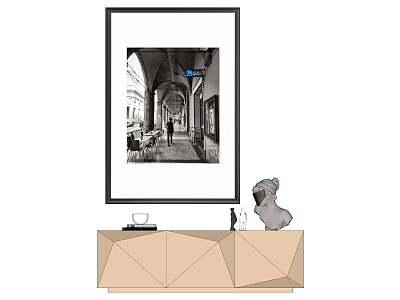 Black Framed Black And White Archway Corridor Photo On Geometric Cabinet With Decor Items 3d model