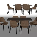 Modern Dining Table Set With Brown Upholstered Chairs Black Metal Frames And Dark Tabletop 3d model
