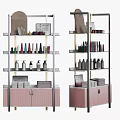 Multi Tiered Retail Display Shelves With Nail Cosmetics Bottles And Pink Storage Cabinets