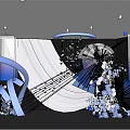 Modern Luxury Stage With Blue White Floral Decor Curved Lines Structure and Lighting Effects
