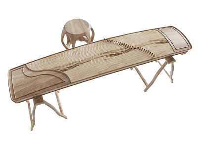 Traditional Wooden String Musical Instrument Zither with Curved Tabletop and Matching Stool 3d model