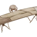Traditional Wooden String Musical Instrument Zither with Curved Tabletop and Matching Stool