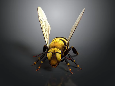 Bee With Yellow And Black Stripes Transparent Wings Front View On Dark Background 3d model