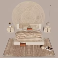 Modern Double Bed Interior With Circular Textured Headboard Minimalist Nightstands And Gray Rug