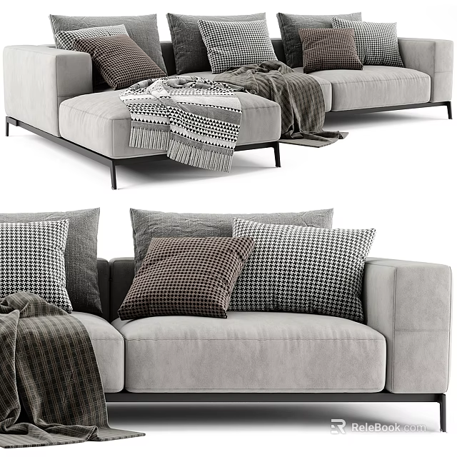 Modern Gray Fabric Sectional Sofa With Checkered Pillows And Knitted Throws 3d model