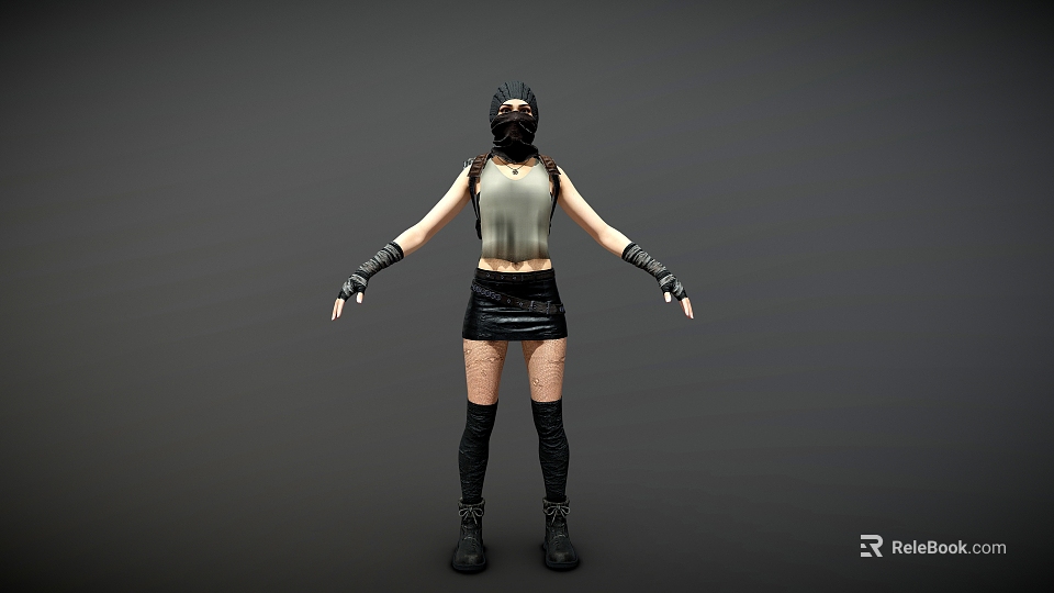 Masked Game and Movie Character With Sleeveless Top Black Skirt and Knee High Boots 3d model 